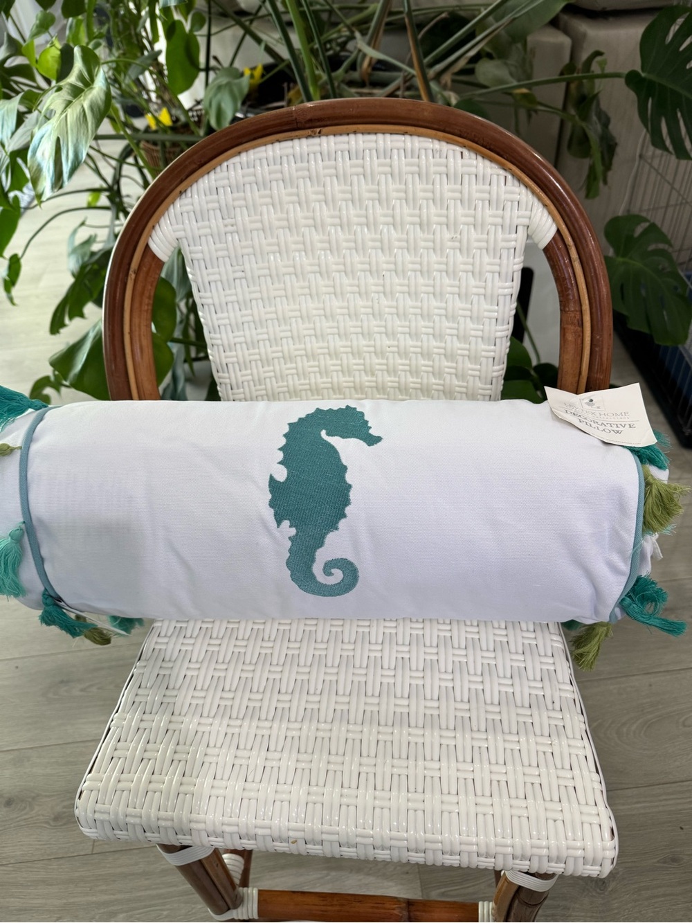 Levtex White Bolster Pillow with Embroidered Teal Seahorse and Tassels NWT